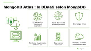 MongoDB Atlas : le DBaaS selon MongoDB
En self-service,
élastique et
automatisé
Sécurisé par défaut
Haute disponibilité
à l'échelle mondiale
Sauvegardes
continues
Monitoring et optimisation
en temps réel
Ouverte à toutes les
configurations cloud
 