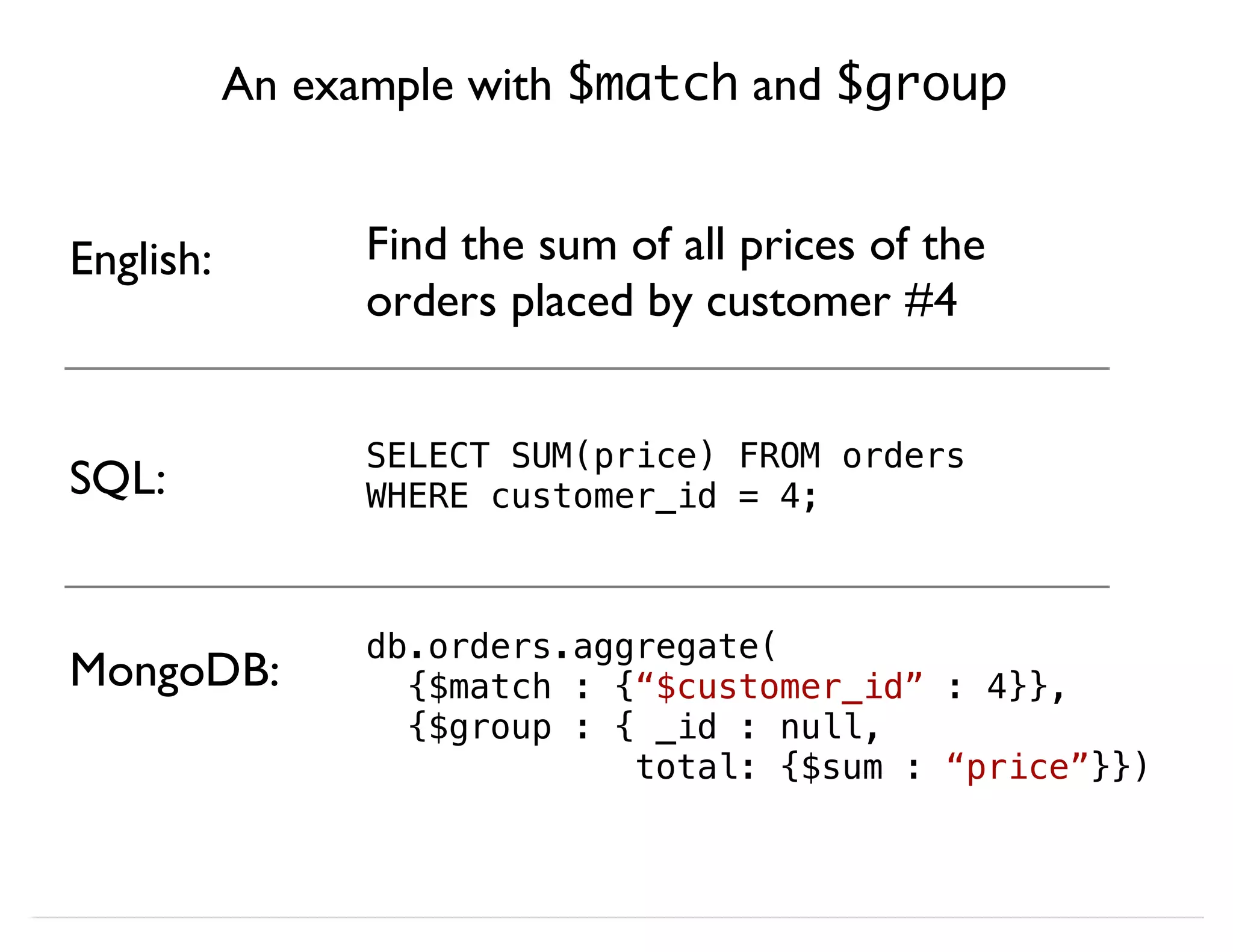 An example with $match and $group SELECT SUM(price) FROM orders WHERE customer_id = 4; MongoDB: SQL: db.orders.aggregate( {$match : {“$customer_id” : 4}}, {$group : { _id : null, total: {$sum : “price”}}) English: Find the sum of all prices of the orders placed by customer #4 