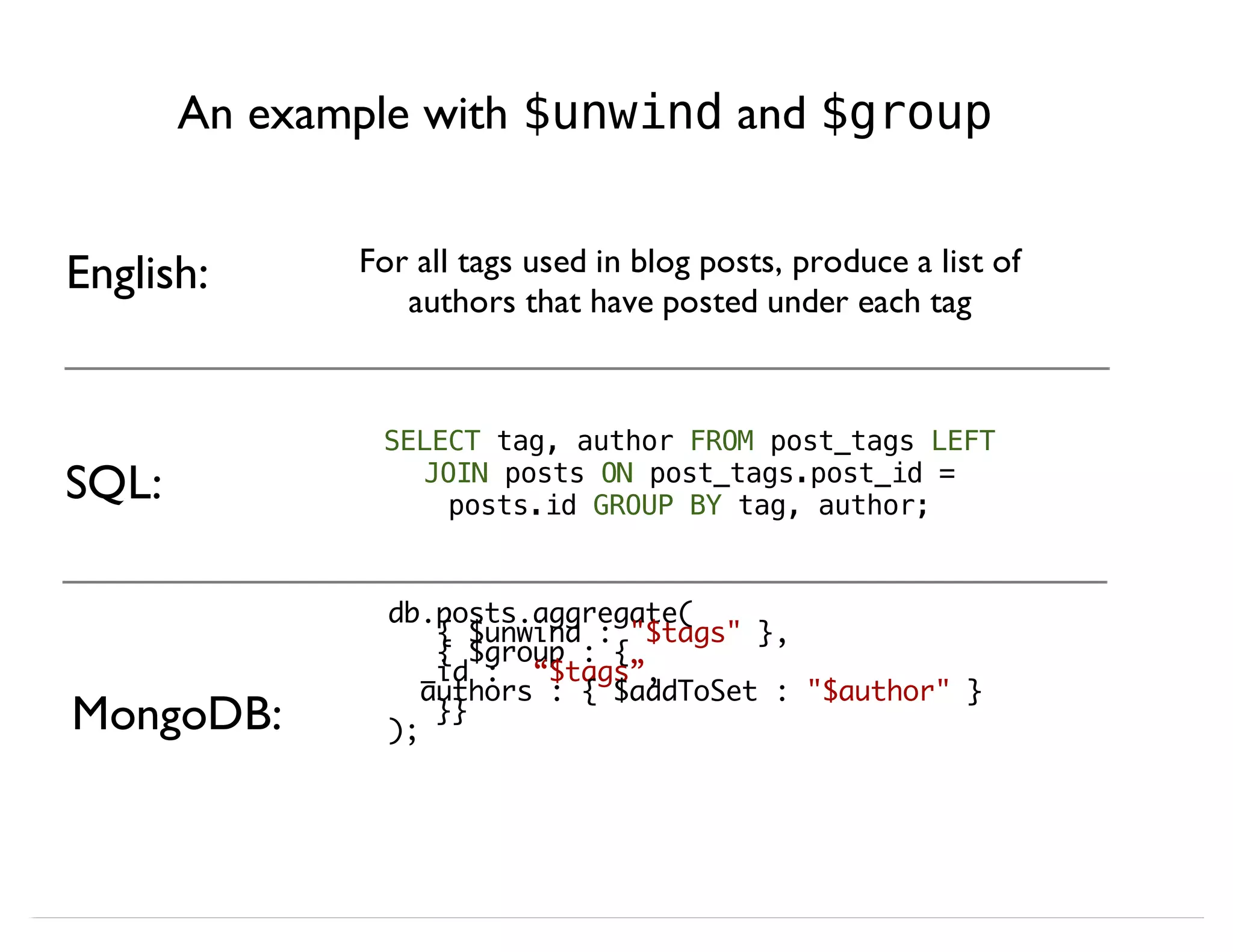 An example with $unwind and $group MongoDB: SQL: English: db.posts.aggregate( { $unwind : "$tags" }, { $group : { _id : “$tags”, authors : { $addToSet : "$author" } }} ); For all tags used in blog posts, produce a list of authors that have posted under each tag SELECT tag, author FROM post_tags LEFT JOIN posts ON post_tags.post_id = posts.id GROUP BY tag, author; 