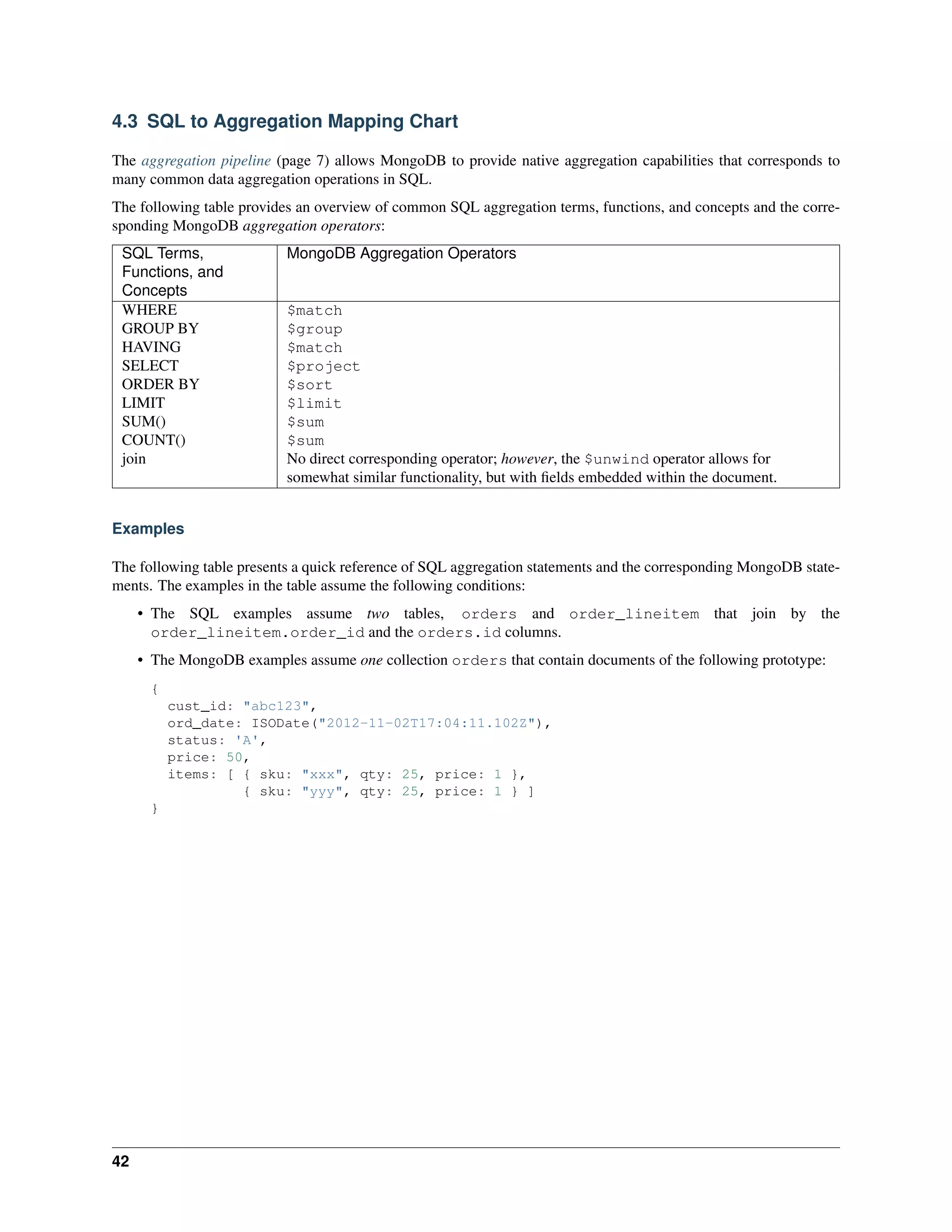 4.3 SQL to Aggregation Mapping Chart 
The aggregation pipeline (page 7) allows MongoDB to provide native aggregation capabilities that corresponds to 
many common data aggregation operations in SQL. 
The following table provides an overview of common SQL aggregation terms, functions, and concepts and the corre-sponding 
MongoDB aggregation operators: 
SQL Terms, 
Functions, and 
Concepts 
MongoDB Aggregation Operators 
WHERE $match 
GROUP BY $group 
HAVING $match 
SELECT $project 
ORDER BY $sort 
LIMIT $limit 
SUM() $sum 
COUNT() $sum 
join No direct corresponding operator; however, the $unwind operator allows for 
somewhat similar functionality, but with fields embedded within the document. 
Examples 
The following table presents a quick reference of SQL aggregation statements and the corresponding MongoDB state-ments. 
The examples in the table assume the following conditions: 
• The SQL examples assume two tables, orders and order_lineitem that join by the 
order_lineitem.order_id and the orders.id columns. 
• The MongoDB examples assume one collection orders that contain documents of the following prototype: 
{ 
cust_id: "abc123", 
ord_date: ISODate("2012-11-02T17:04:11.102Z"), 
status: 'A', 
price: 50, 
items: [ { sku: "xxx", qty: 25, price: 1 }, 
{ sku: "yyy", qty: 25, price: 1 } ] 
} 
42 
 