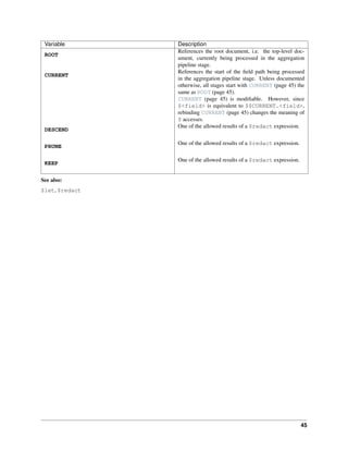 Variable Description 
ROOT 
References the root document, i.e. the top-level doc-ument, 
currently being processed in the aggregation 
pipeline stage. 
CURRENT 
References the start of the field path being processed 
in the aggregation pipeline stage. Unless documented 
otherwise, all stages start with CURRENT (page 45) the 
same as ROOT (page 45). 
CURRENT (page 45) is modifiable. However, since 
$<field> is equivalent to $$CURRENT.<field>, 
rebinding CURRENT (page 45) changes the meaning of 
$ accesses. 
DESCEND 
One of the allowed results of a $redact expression. 
PRUNE One of the allowed results of a $redact expression. 
KEEP One of the allowed results of a $redact expression. 
See also: 
$let, $redact 
45 
 