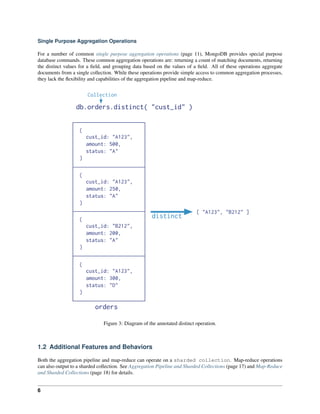 Single Purpose Aggregation Operations 
For a number of common single purpose aggregation operations (page 11), MongoDB provides special purpose 
database commands. These common aggregation operations are: returning a count of matching documents, returning 
the distinct values for a field, and grouping data based on the values of a field. All of these operations aggregate 
documents from a single collection. While these operations provide simple access to common aggregation processes, 
they lack the flexibility and capabilities of the aggregation pipeline and map-reduce. 
Figure 3: Diagram of the annotated distinct operation. 
1.2 Additional Features and Behaviors 
Both the aggregation pipeline and map-reduce can operate on a sharded collection. Map-reduce operations 
can also output to a sharded collection. See Aggregation Pipeline and Sharded Collections (page 17) and Map-Reduce 
and Sharded Collections (page 18) for details. 
6 
 