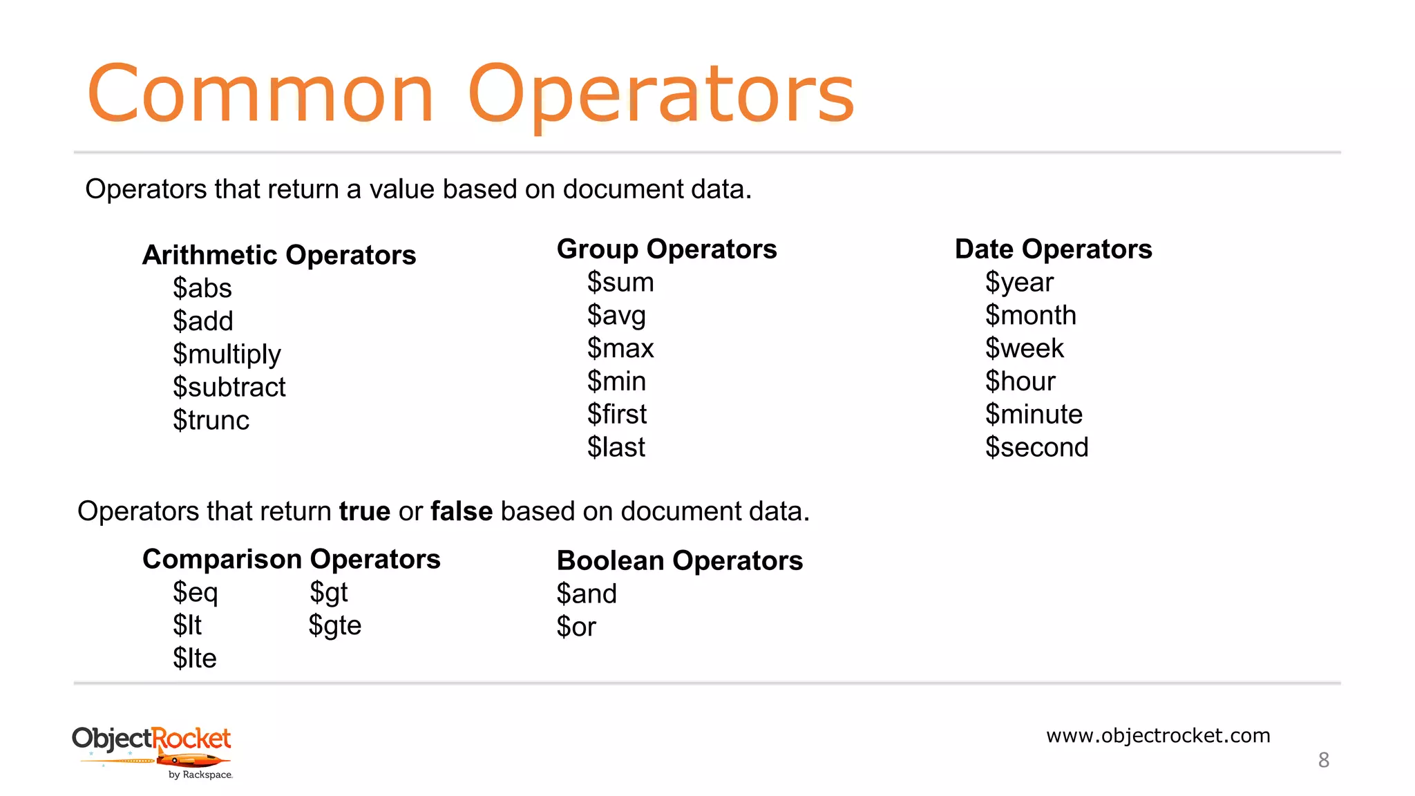 Common Operators
www.objectrocket.com
8
Group Operators
$sum
$avg
$max
$min
$first
$last
Date Operators
$year
$month
$week
$hour
$minute
$second
Arithmetic Operators
$abs
$add
$multiply
$subtract
$trunc
Operators that return a value based on document data.
Operators that return true or false based on document data.
Comparison Operators
$eq $gt
$lt $gte
$lte
Boolean Operators
$and
$or
 