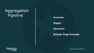 Aggregation
Pipeline
www.objectrocket.com
4
o Overview
o Stages
o Operators
o Multiple Stage Example
 
