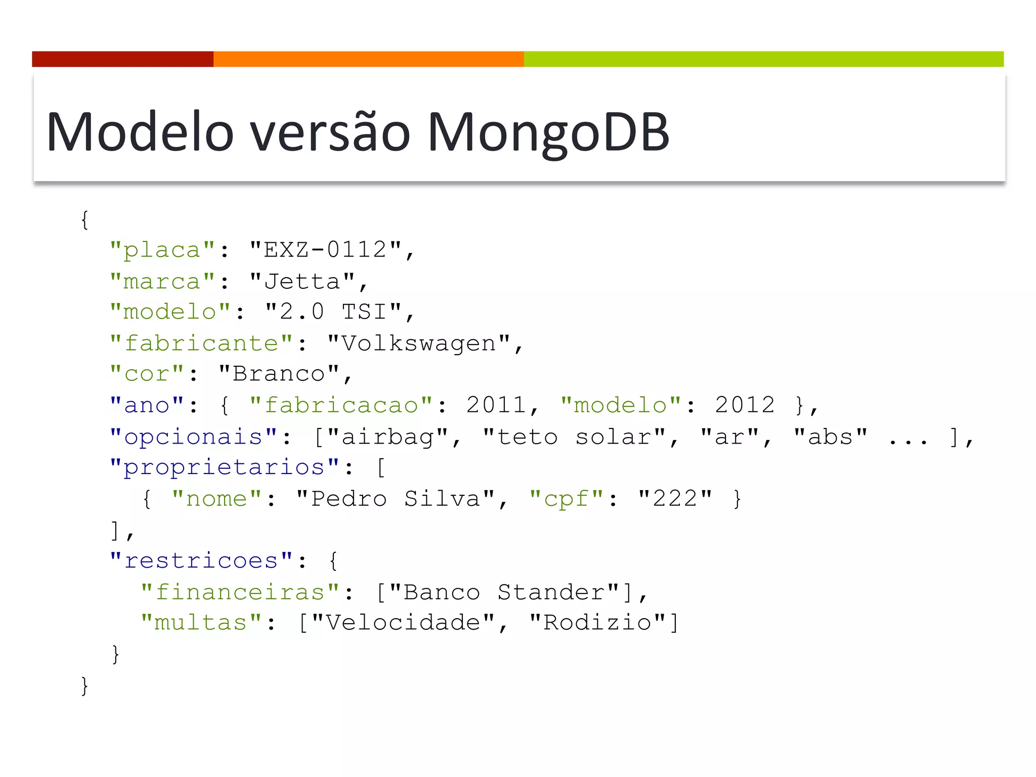 Modelo	
  versão	
  MongoDB	
  
{
"placa": "EXZ-0112",
"marca": "Jetta",
"modelo": "2.0 TSI",
"fabricante": "Volkswagen",
"cor": "Branco",
"ano": { "fabricacao": 2011, "modelo": 2012 },
"opcionais": ["airbag", "teto solar", "ar", "abs" ... ],
"proprietarios": [
{ "nome": "Pedro Silva", "cpf": "222" }
],
"restricoes": {
"financeiras": ["Banco Stander"],
"multas": ["Velocidade", "Rodizio"]
}
}

 