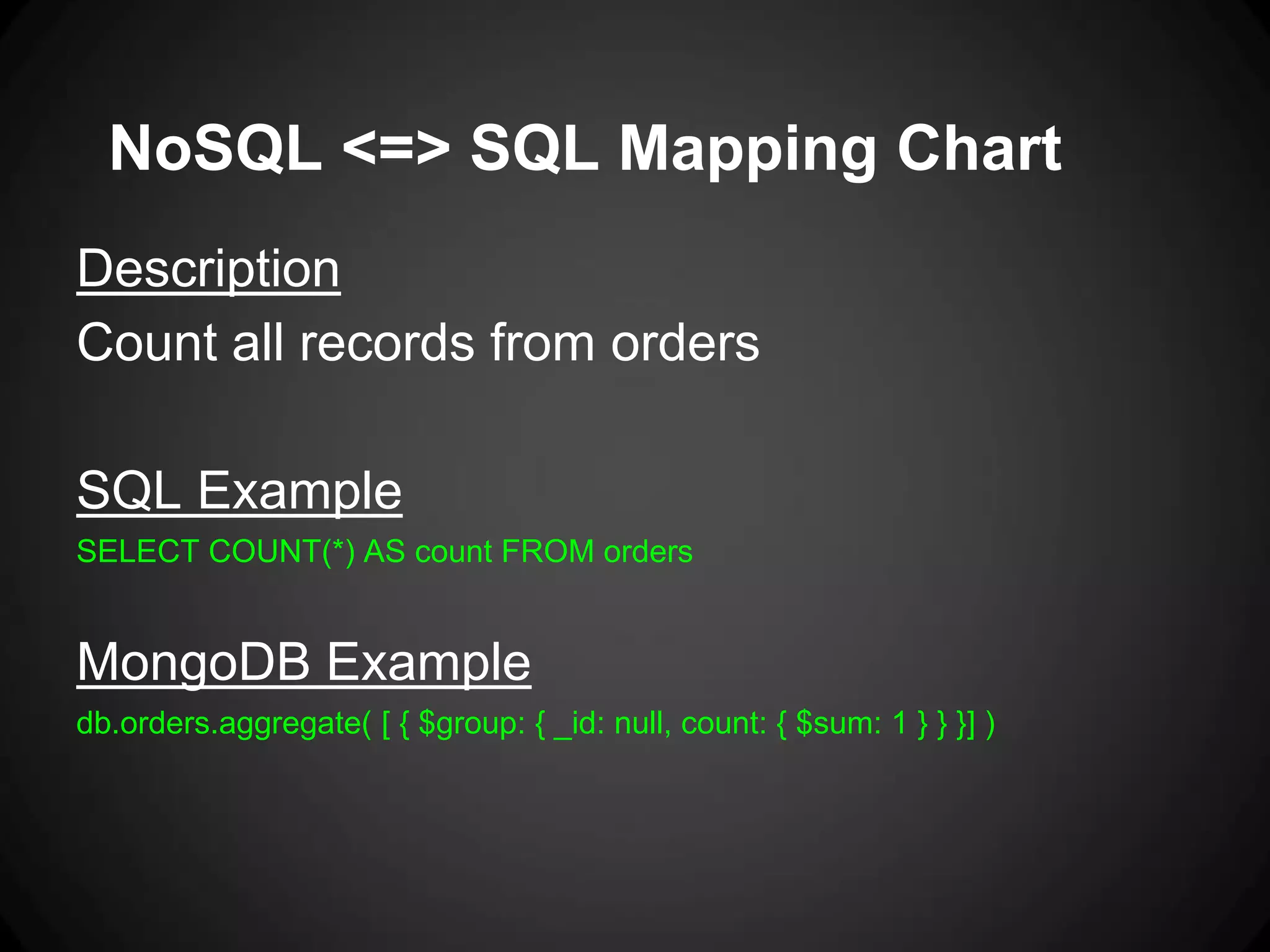 NoSQL <=> SQL Mapping Chart
Description
Count all records from orders
SQL Example
SELECT COUNT(*) AS count FROM orders

MongoDB Example
db.orders.aggregate( [ { $group: { _id: null, count: { $sum: 1 } } }] )

 