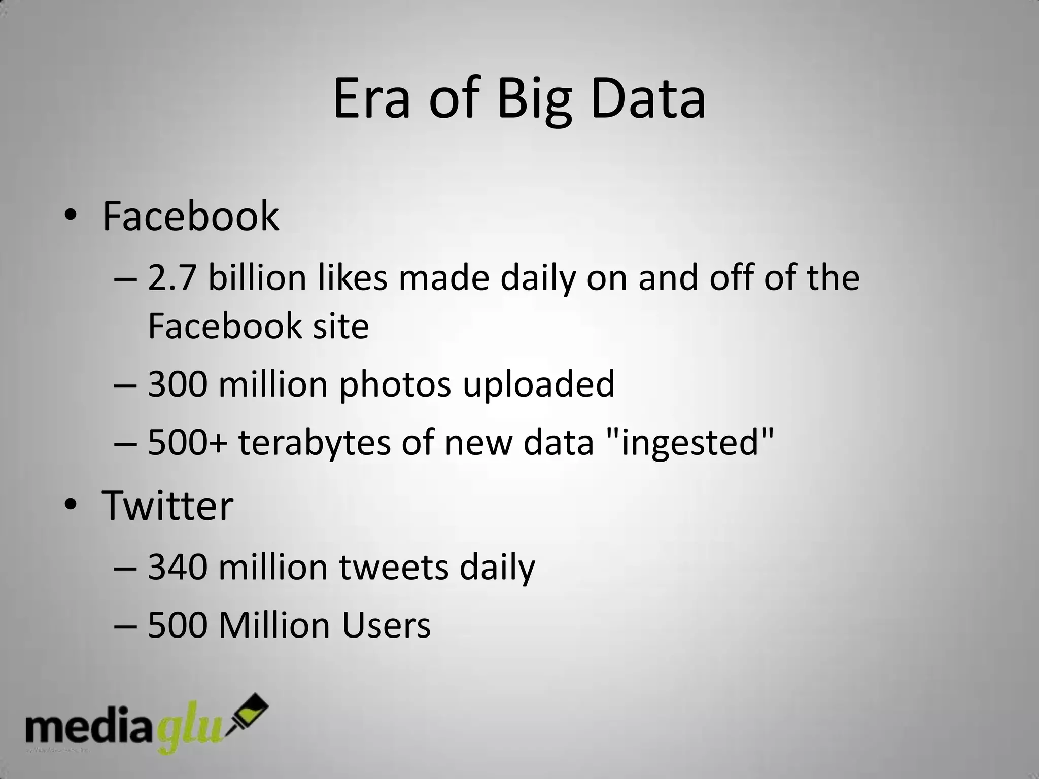 Era of Big Data
• Facebook
  – 2.7 billion likes made daily on and off of the
    Facebook site
  – 300 million photos uploaded
  – 500+ terabytes of new data "ingested"
• Twitter
  – 340 million tweets daily
  – 500 Million Users
 