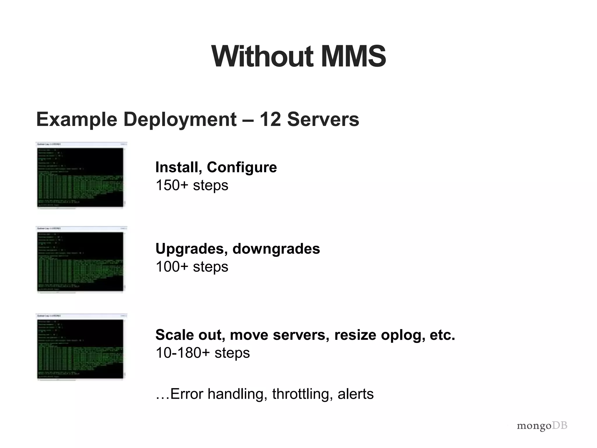 Without MMS Example Deployment – 12 Servers Install, Configure 150+ steps …Error handling, throttling, alerts Scale out, move servers, resize oplog, etc. 10-180+ steps Upgrades, downgrades 100+ steps 
