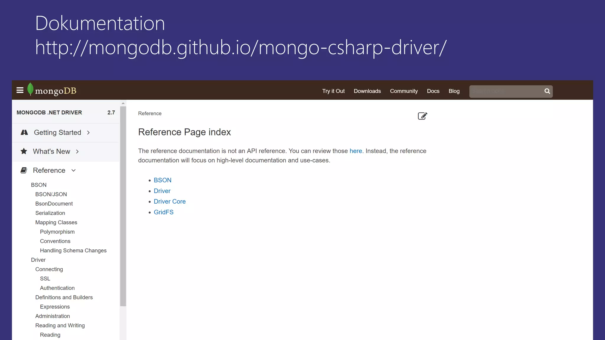 Dokumentation
http://mongodb.github.io/mongo-csharp-driver/
 