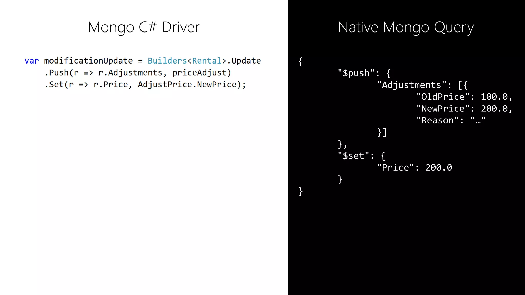 {
"$push": {
"Adjustments": [{
"OldPrice": 100.0,
"NewPrice": 200.0,
"Reason": "…"
}]
},
"$set": {
"Price": 200.0
}
}
Native Mongo QueryMongo C# Driver
 