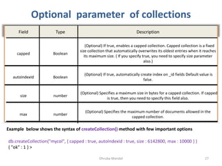Dhruba Mandal 27
Optional parameter of collections
Field Type Description
capped Boolean
(Optional) If true, enables a capped collection. Capped collection is a fixed
size collection that automatically overwrites its oldest entries when it reaches
its maximum size. ( If you specify true, you need to specify size parameter
also.)
autoIndexId Boolean
(Optional) If true, automatically create index on _id fields Default value is
false.
size number
(Optional) Specifies a maximum size in bytes for a capped collection. If capped
is true, then you need to specify this field also.
max number
(Optional) Specifies the maximum number of documents allowed in the
capped collection.
Example below shows the syntax of createCollection() method with few important options
db.createCollection("mycol", { capped : true, autoIndexId : true, size : 6142800, max : 10000 } )
{ "ok" : 1 } >
 