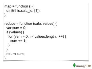 map = function () {
  emit(this.sala_id, [1]);
}

reduce = function (sala, values) {
  var sum = 0;
  if (values) {
    for (var i = 0; i < values.length; i++) {
      sum += 1;
    }
  }
  return sum;
}
 