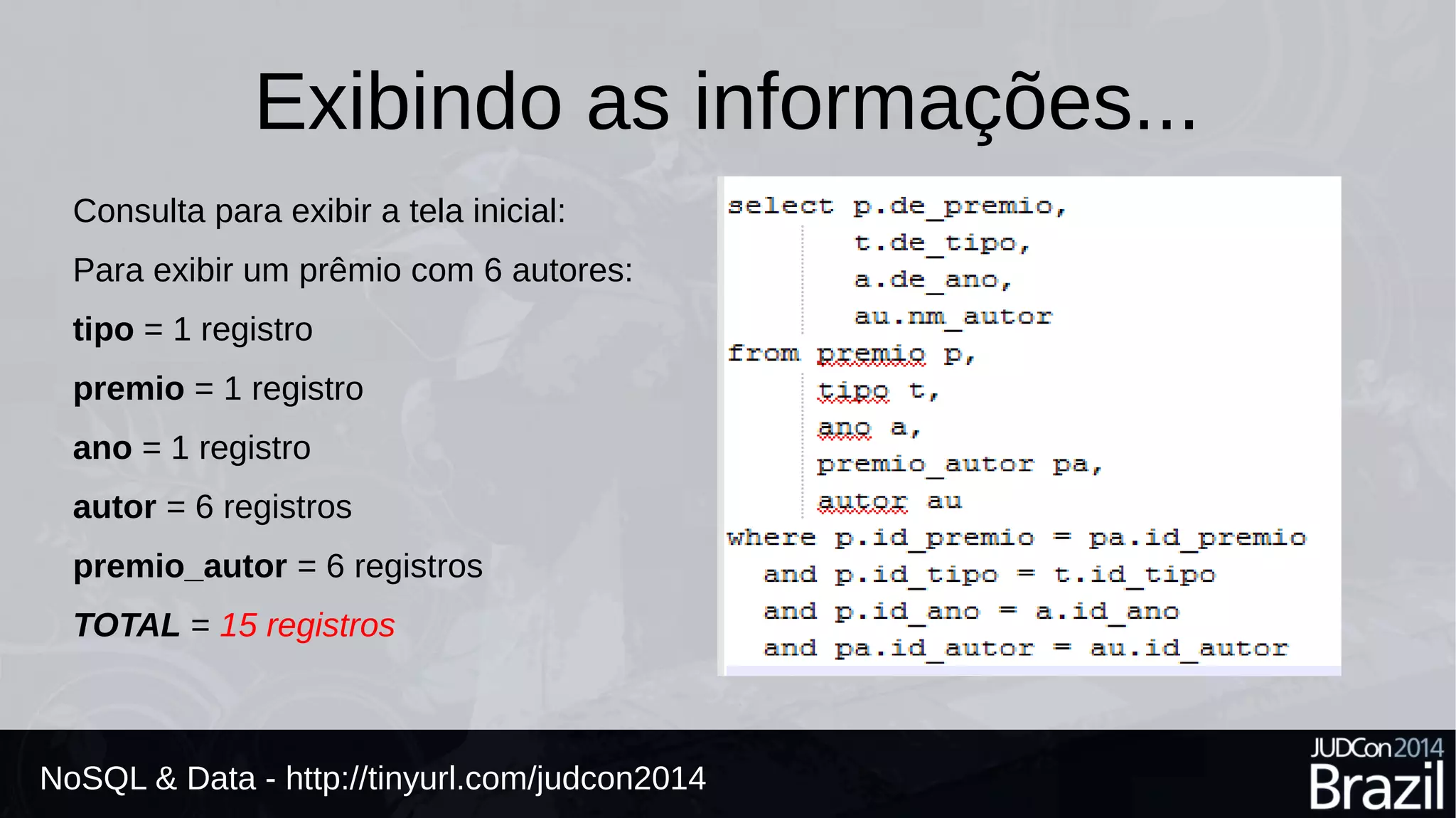 Exibindo as informações... 
Consulta para exibir a tela inicial: 
Para exibir um prêmio com 6 autores: 
tipo = 1 registro 
premio = 1 registro 
ano = 1 registro 
autor = 6 registros 
premio_autor = 6 registros 
TOTAL = 15 registros 
NoSQL & Data - http://tinyurl.com/judcon2014 
 