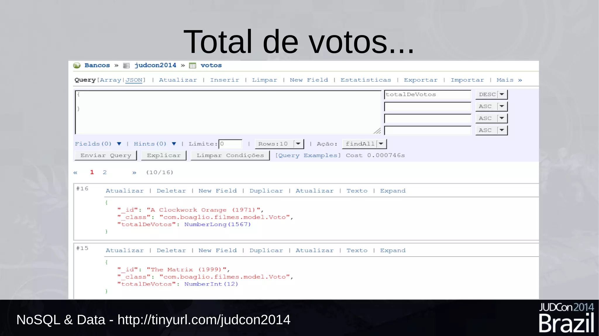 Total de votos... 
NoSQL & Data - http://tinyurl.com/judcon2014 
 