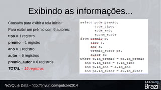 Exibindo as informações... 
Consulta para exibir a tela inicial: 
Para exibir um prêmio com 6 autores: 
tipo = 1 registro 
premio = 1 registro 
ano = 1 registro 
autor = 6 registros 
premio_autor = 6 registros 
TOTAL = 15 registros 
NoSQL & Data - http://tinyurl.com/judcon2014 
 