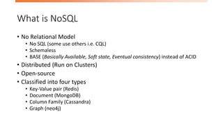 What is NoSQL
• No Relational Model
• No SQL (some use others i.e. CQL)
• Schemaless
• BASE (Basically Available, Soft state, Eventual consistency) instead of ACID
• Distributed (Run on Clusters)
• Open-source
• Classified into four types
• Key-Value pair (Redis)
• Document (MongoDB)
• Column Family (Cassandra)
• Graph (neo4j)
 