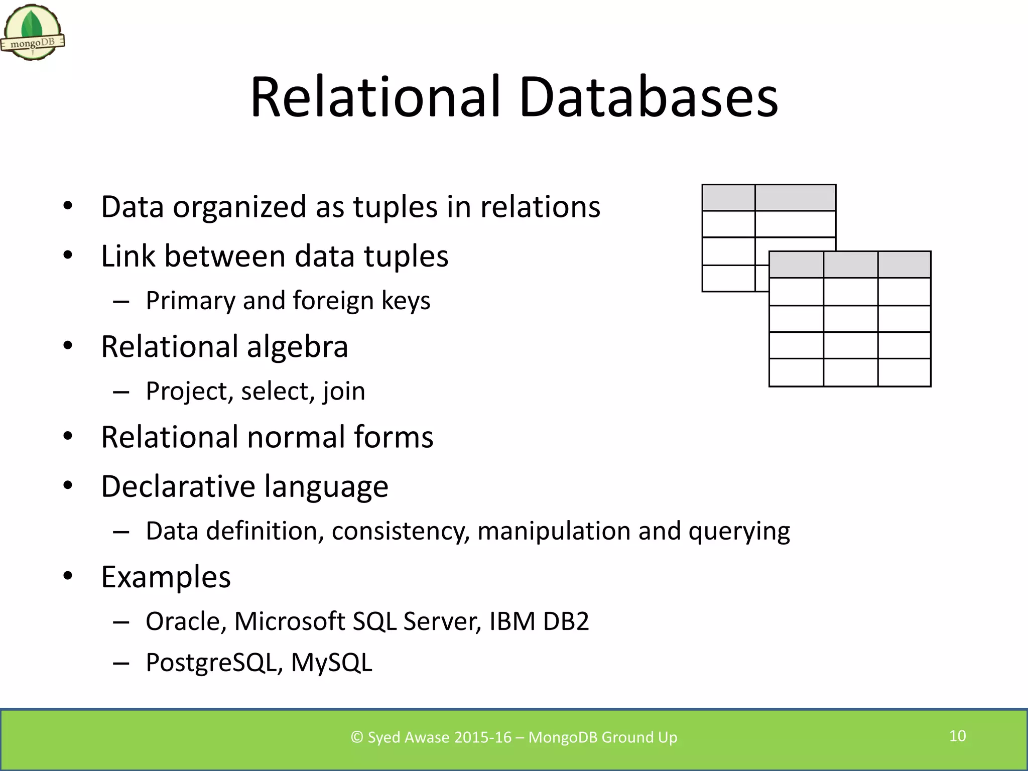 Relational Databases
• Data organized as tuples in relations
• Link between data tuples
– Primary and foreign keys
• Relational algebra
– Project, select, join
• Relational normal forms
• Declarative language
– Data definition, consistency, manipulation and querying
• Examples
– Oracle, Microsoft SQL Server, IBM DB2
– PostgreSQL, MySQL
© Syed Awase 2015-16 – MongoDB Ground Up 10
 