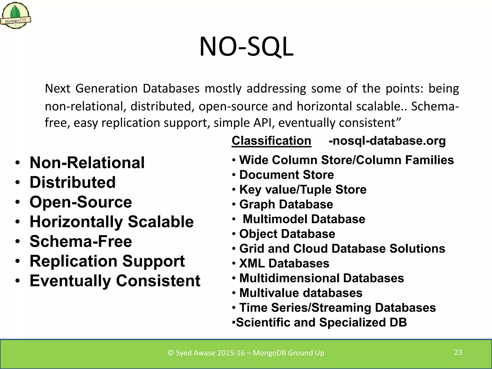 NO-SQL
Next Generation Databases mostly addressing some of the points: being
non-relational, distributed, open-source and horizontal scalable.. Schema-
free, easy replication support, simple API, eventually consistent”
© Syed Awase 2015-16 – MongoDB Ground Up
-nosql-database.org
• Non-Relational
• Distributed
• Open-Source
• Horizontally Scalable
• Schema-Free
• Replication Support
• Eventually Consistent
Classification
• Wide Column Store/Column Families
• Document Store
• Key value/Tuple Store
• Graph Database
• Multimodel Database
• Object Database
• Grid and Cloud Database Solutions
• XML Databases
• Multidimensional Databases
• Multivalue databases
• Time Series/Streaming Databases
•Scientific and Specialized DB
23
 