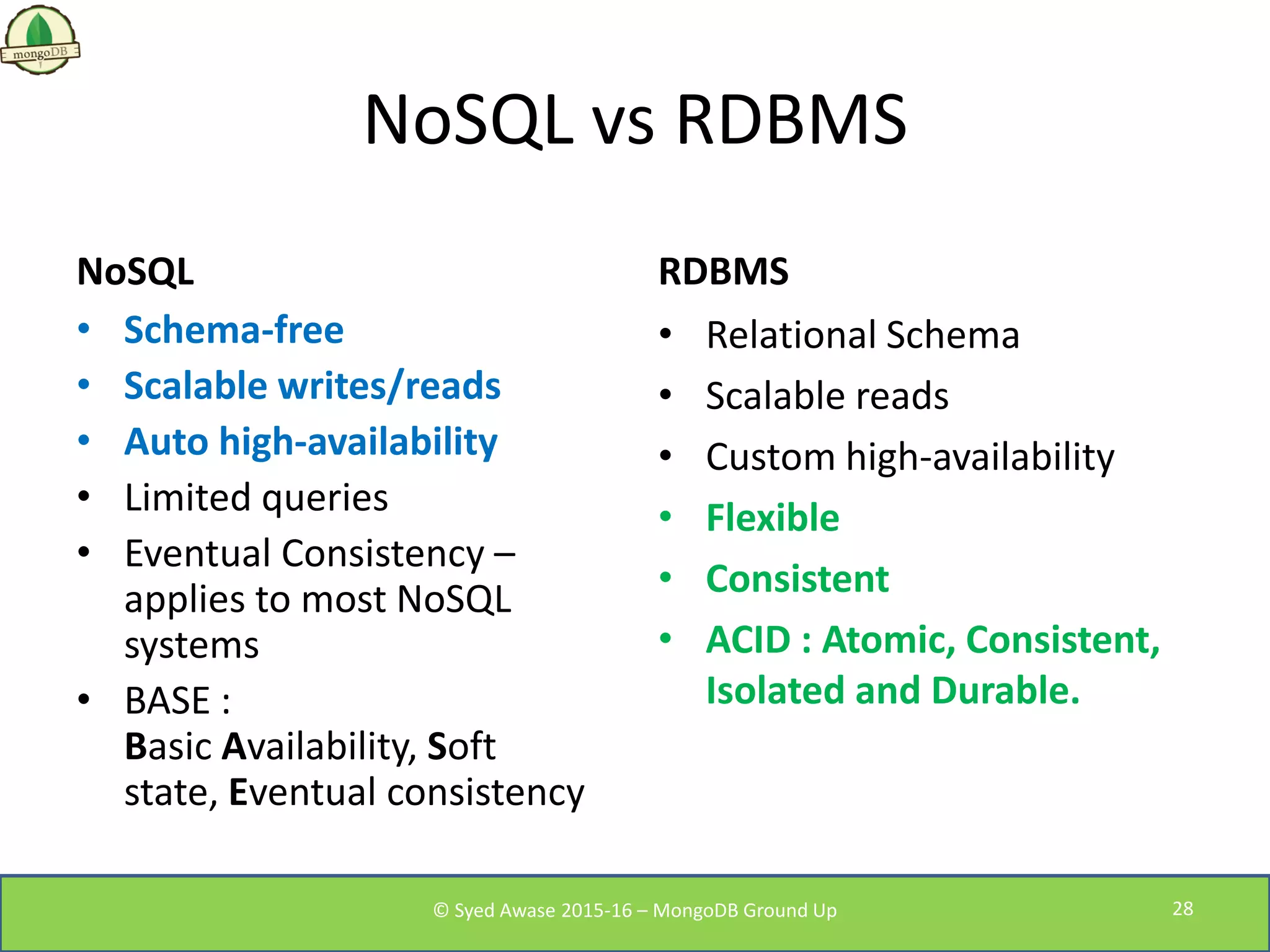 NoSQL vs RDBMS
NoSQL RDBMS
• Schema-free
• Scalable writes/reads
• Auto high-availability
• Limited queries
• Eventual Consistency –
applies to most NoSQL
systems
• BASE :
Basic Availability, Soft
state, Eventual consistency
• Relational Schema
• Scalable reads
• Custom high-availability
• Flexible
• Consistent
• ACID : Atomic, Consistent,
Isolated and Durable.
© Syed Awase 2015-16 – MongoDB Ground Up 28
 