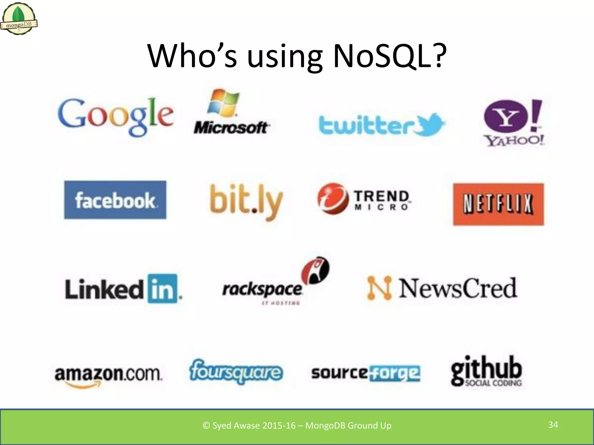Who’s using NoSQL?
© Syed Awase 2015-16 – MongoDB Ground Up 34
 