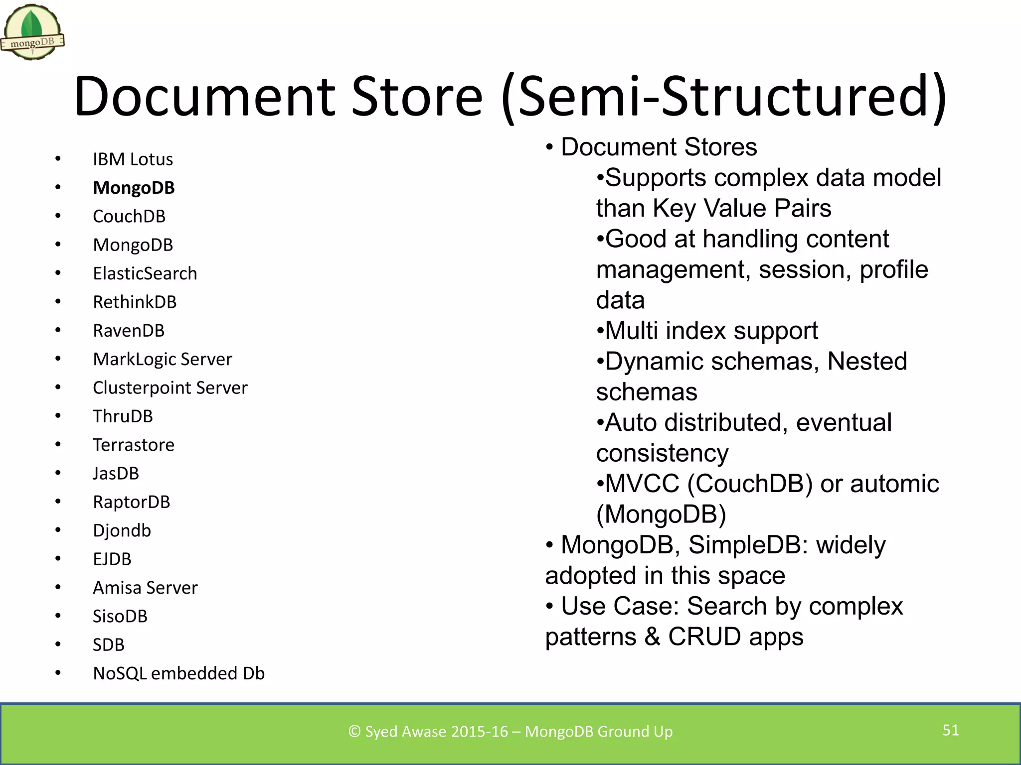 Document Store (Semi-Structured)
• IBM Lotus
• MongoDB
• CouchDB
• MongoDB
• ElasticSearch
• RethinkDB
• RavenDB
• MarkLogic Server
• Clusterpoint Server
• ThruDB
• Terrastore
• JasDB
• RaptorDB
• Djondb
• EJDB
• Amisa Server
• SisoDB
• SDB
• NoSQL embedded Db
• Document Stores
•Supports complex data model
than Key Value Pairs
•Good at handling content
management, session, profile
data
•Multi index support
•Dynamic schemas, Nested
schemas
•Auto distributed, eventual
consistency
•MVCC (CouchDB) or automic
(MongoDB)
• MongoDB, SimpleDB: widely
adopted in this space
• Use Case: Search by complex
patterns & CRUD apps
© Syed Awase 2015-16 – MongoDB Ground Up 51
 