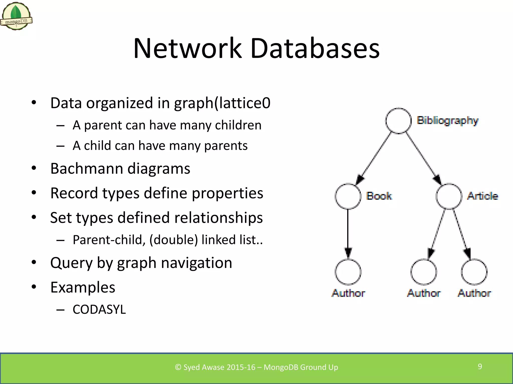 Network Databases
• Data organized in graph(lattice0
– A parent can have many children
– A child can have many parents
• Bachmann diagrams
• Record types define properties
• Set types defined relationships
– Parent-child, (double) linked list..
• Query by graph navigation
• Examples
– CODASYL
© Syed Awase 2015-16 – MongoDB Ground Up 9
 