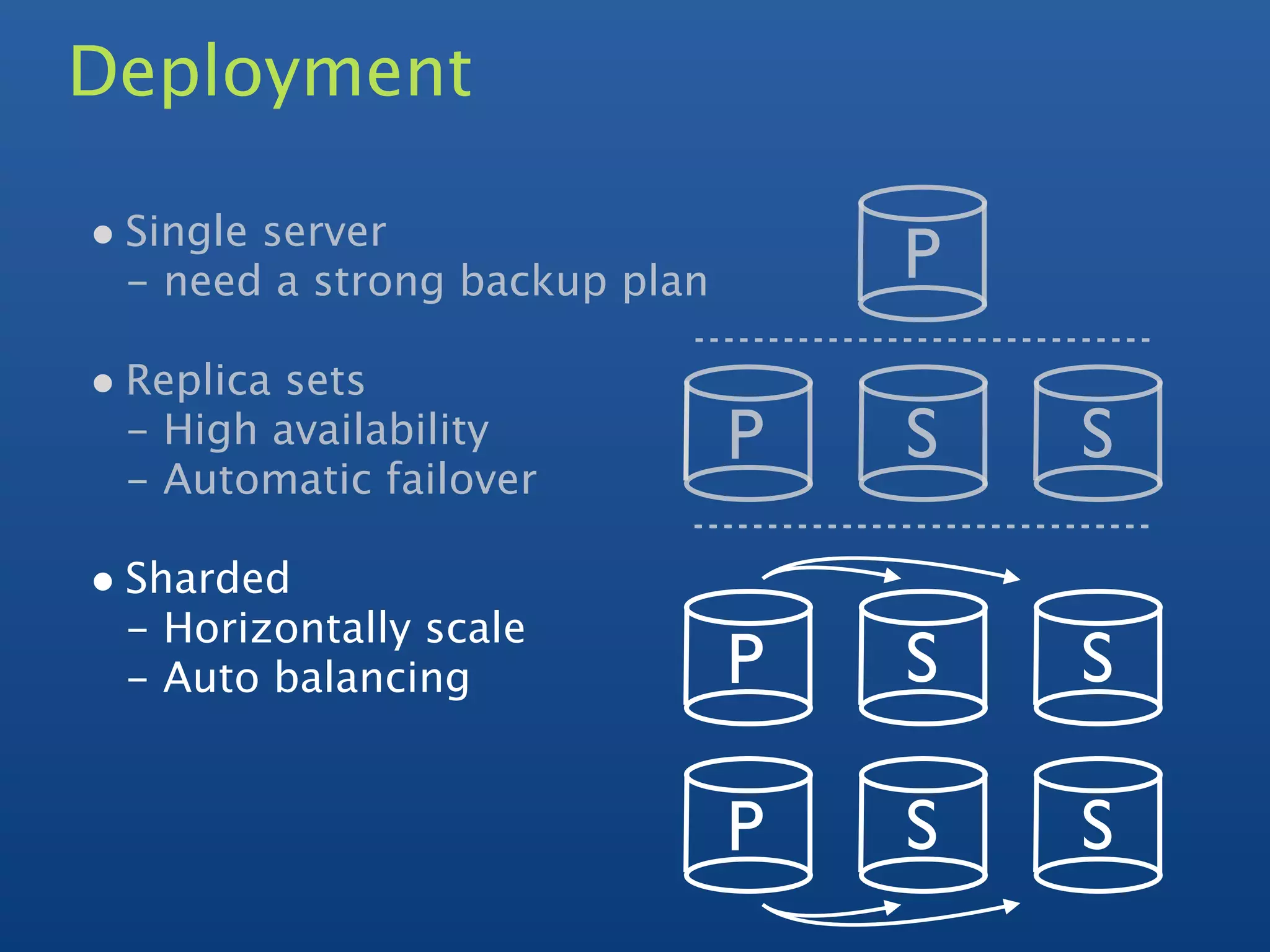 Deployment

• Single server
 - need a strong backup plan       P
• Replica sets
 - High availability           P   S   S
 - Automatic failover

• Sharded
 - Horizontally scale
 - Auto balancing              P   S   S

                               P   S   S
 