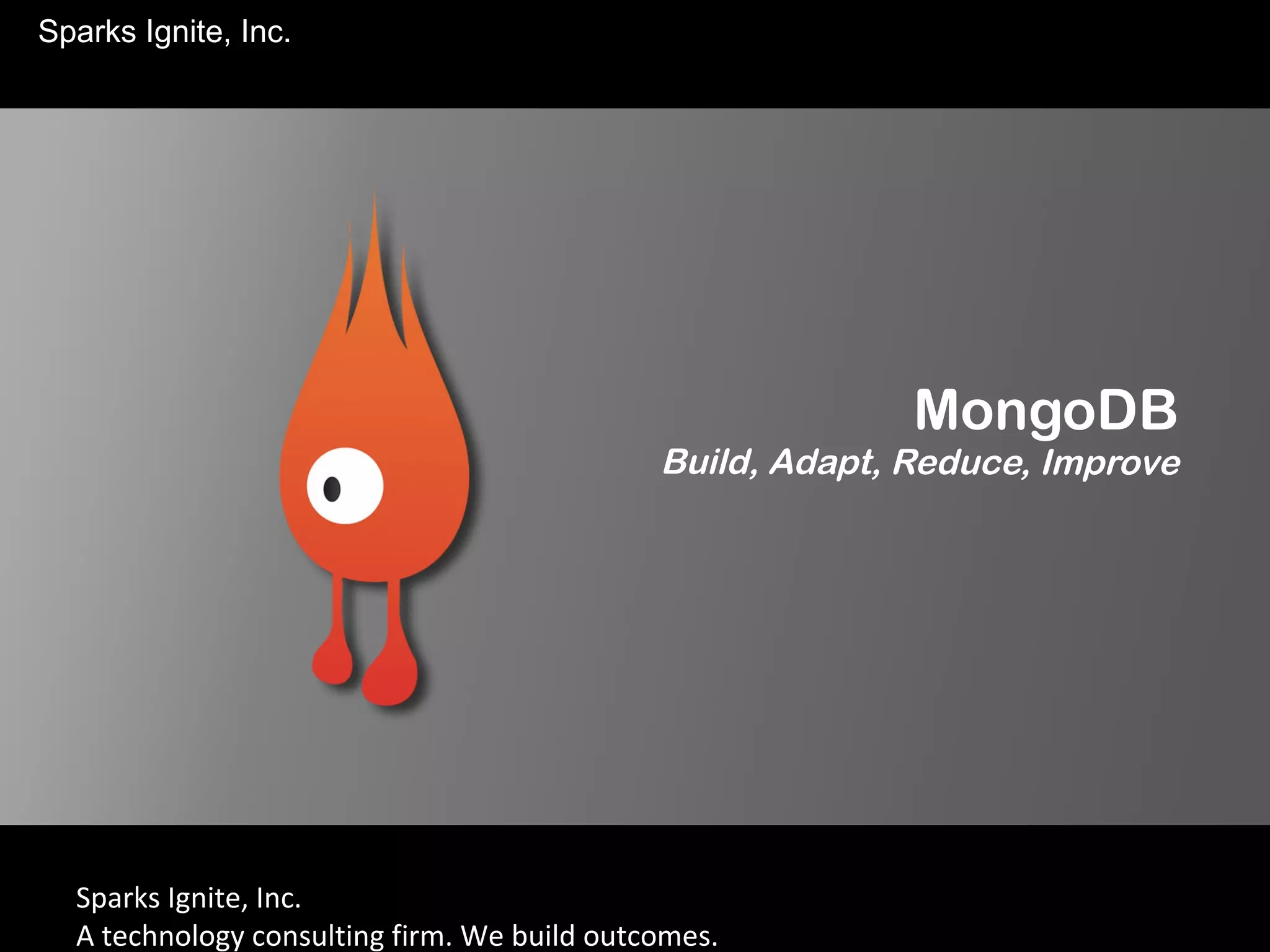 Sparks Ignite, Inc.
A technology consulting firm. We build outcomes.
Sparks Ignite, Inc.
MongoDB
Build, Adapt, Reduce, Improve
 