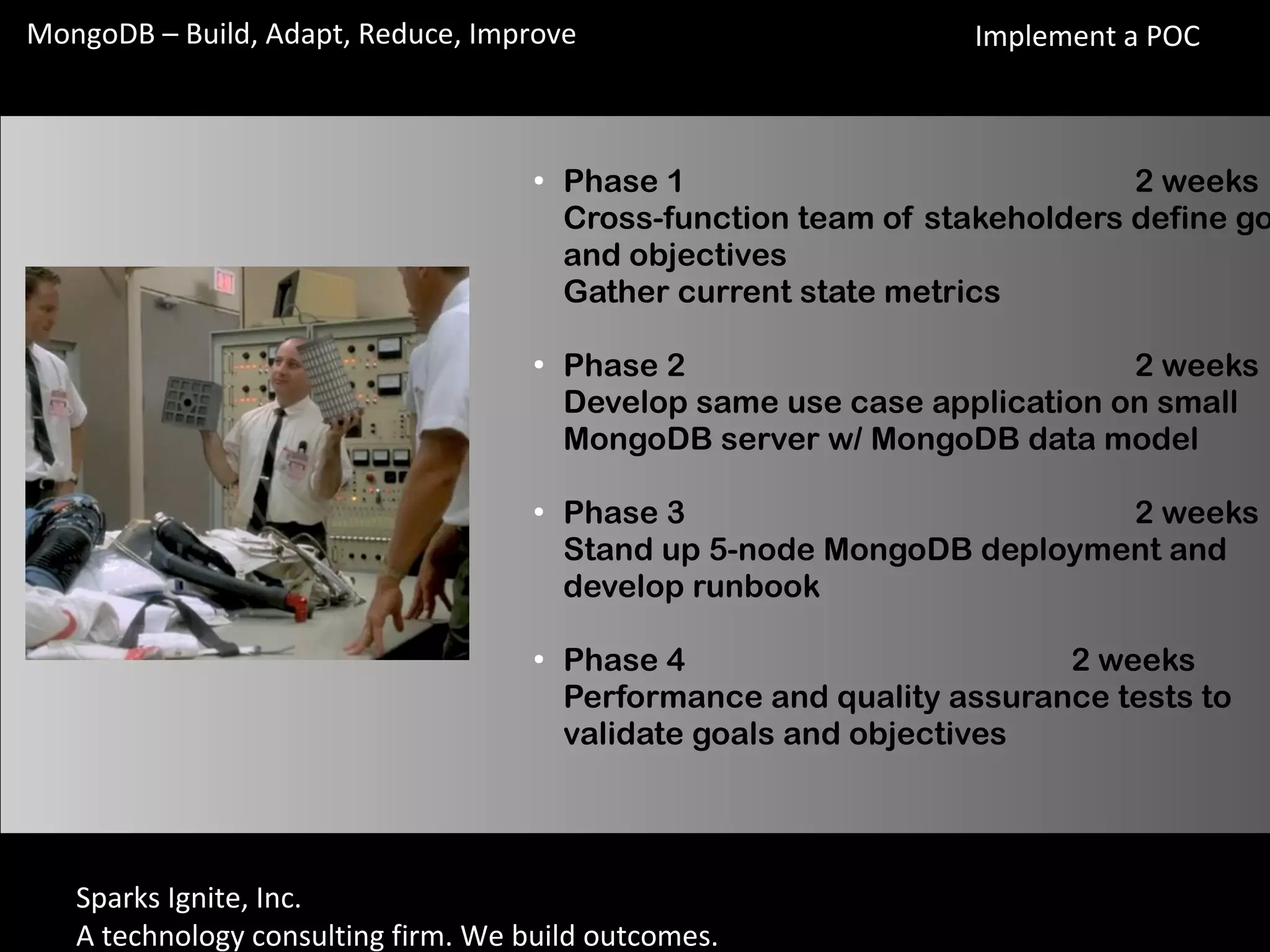 Sparks Ignite, Inc.
A technology consulting firm. We build outcomes.
MongoDB – Build, Adapt, Reduce, Improve
●
Phase 1 2 weeks
Cross-function team of stakeholders define go
and objectives
Gather current state metrics
●
Phase 2 2 weeks
Develop same use case application on small
MongoDB server w/ MongoDB data model
●
Phase 3 2 weeks
Stand up 5-node MongoDB deployment and
develop runbook
●
Phase 4 2 weeks
Performance and quality assurance tests to
validate goals and objectives
Implement a POC
 