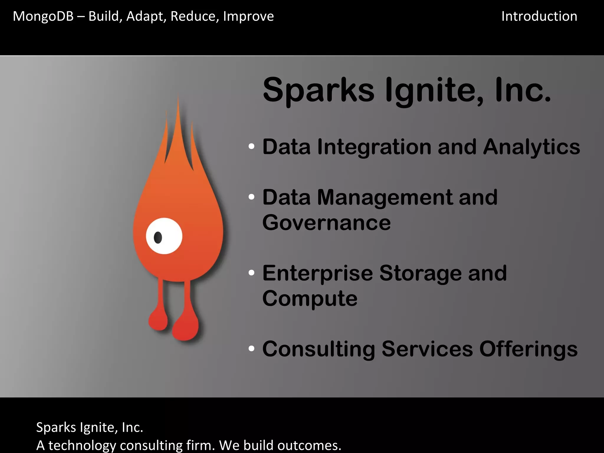 Sparks Ignite, Inc.
A technology consulting firm. We build outcomes.
MongoDB – Build, Adapt, Reduce, Improve
Sparks Ignite, Inc.
●
Data Integration and Analytics
●
Data Management and
Governance
●
Enterprise Storage and
Compute
●
Consulting Services Offerings
Introduction
 