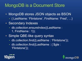MongoDB is a Document StoreMongoDB stores JSON objects as BSON{ LastName: ‘Flintstone’, FirstName: ‘Fred’, …}Secondary Indexesdb.collection.ensureIndex({LastName : 1, FirstName : 1});Simple QBE-like query syntaxdb.collection.find({LastName : ‘Flintstone’});db.collection.find({LastName : { $gte : ‘Flintstone’});