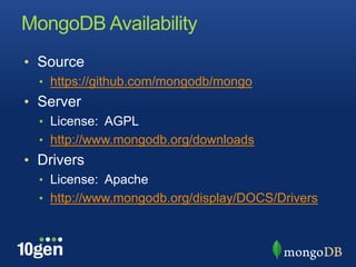 MongoDB AvailabilitySourcehttps://github.com/mongodb/mongoServerLicense:  AGPLhttp://www.mongodb.org/downloadsDriversLicense:  Apachehttp://www.mongodb.org/display/DOCS/Drivers