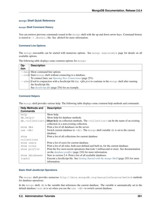 MongoDB Documentation, Release 2.6.4 
mongo Shell Quick Reference 
mongo Shell Command History 
You can retrieve previous commands issued in the mongo shell with the up and down arrow keys. Command history 
is stored in ~/.dbshell file. See .dbshell for more information. 
Command Line Options 
The mongo executable can be started with numerous options. See mongo executable page for details on all 
available options. 
The following table displays some common options for mongo: 
Op-tion 
Description 
--help Show command line options 
--nodb Start mongo shell without connecting to a database. 
To connect later, see Opening New Connections (page 253). 
--shellUsed in conjunction with a JavaScript file (i.e. <file.js>) to continue in the mongo shell after running 
the JavaScript file. 
See JavaScript file (page 254) for an example. 
Command Helpers 
The mongo shell provides various help. The following table displays some common help methods and commands: 
Help Methods and 
Description 
Commands 
help Show help. 
db.help() Show help for database methods. 
db.<collection>.hSehlopw()help on collection methods. The <collection> can be the name of an existing 
collection or a non-existing collection. 
show dbs Print a list of all databases on the server. 
use <db> Switch current database to <db>. The mongo shell variable db is set to the current 
database. 
show 
collections 
Print a list of all collections for current database 
show users Print a list of users for current database. 
show roles Print a list of all roles, both user-defined and built-in, for the current database. 
show profile Print the five most recent operations that took 1 millisecond or more. See documentation 
on the database profiler (page 210) for more information. 
show databases New in version 2.4: Print a list of all available databases. 
load() Execute a JavaScript file. See Getting Started with the mongo Shell (page 255) for more 
information. 
Basic Shell JavaScript Operations 
The mongo shell provides numerous http://docs.mongodb.org/manualreference/method methods 
for database operations. 
In the mongo shell, db is the variable that references the current database. The variable is automatically set to the 
default database test or is set when you use the use <db> to switch current database. 
5.2. Administration Tutorials 261 
 