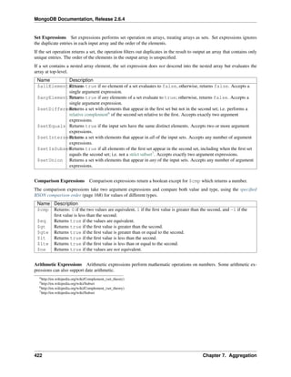 MongoDB Documentation, Release 2.6.4 
Set Expressions Set expressions performs set operation on arrays, treating arrays as sets. Set expressions ignores 
the duplicate entries in each input array and the order of the elements. 
If the set operation returns a set, the operation filters out duplicates in the result to output an array that contains only 
unique entries. The order of the elements in the output array is unspecified. 
If a set contains a nested array element, the set expression does not descend into the nested array but evaluates the 
array at top-level. 
Name Description 
$allElementsRTertuurnes true if no element of a set evaluates to false, otherwise, returns false. Accepts a 
single argument expression. 
$anyElementTRreutuerns true if any elements of a set evaluate to true; otherwise, returns false. Accepts a 
single argument expression. 
$setDifferenRceeturns a set with elements that appear in the first set but not in the second set; i.e. performs a 
relative complement6 of the second set relative to the first. Accepts exactly two argument 
expressions. 
$setEquals Returns true if the input sets have the same distinct elements. Accepts two or more argument 
expressions. 
$setIntersecRteituornns a set with elements that appear in all of the input sets. Accepts any number of argument 
expressions. 
$setIsSubsetReturns true if all elements of the first set appear in the second set, including when the first set 
equals the second set; i.e. not a strict subset7. Accepts exactly two argument expressions. 
$setUnion Returns a set with elements that appear in any of the input sets. Accepts any number of argument 
expressions. 
Comparison Expressions Comparison expressions return a boolean except for $cmp which returns a number. 
The comparison expressions take two argument expressions and compare both value and type, using the specified 
BSON comparison order (page 168) for values of different types. 
Name Description 
$cmp Returns: 0 if the two values are equivalent, 1 if the first value is greater than the second, and -1 if the 
first value is less than the second. 
$eq Returns true if the values are equivalent. 
$gt Returns true if the first value is greater than the second. 
$gte Returns true if the first value is greater than or equal to the second. 
$lt Returns true if the first value is less than the second. 
$lte Returns true if the first value is less than or equal to the second. 
$ne Returns true if the values are not equivalent. 
Arithmetic Expressions Arithmetic expressions perform mathematic operations on numbers. Some arithmetic ex-pressions 
can also support date arithmetic. 
4http://en.wikipedia.org/wiki/Complement_(set_theory) 
5http://en.wikipedia.org/wiki/Subset 
6http://en.wikipedia.org/wiki/Complement_(set_theory) 
7http://en.wikipedia.org/wiki/Subset 
422 Chapter 7. Aggregation 
 