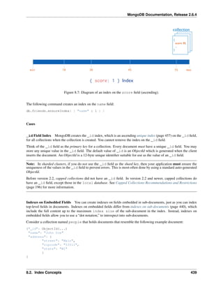 MongoDB Documentation, Release 2.6.4 
Figure 8.7: Diagram of an index on the score field (ascending). 
The following command creates an index on the name field: 
db.friends.ensureIndex( { "name" : 1 } ) 
Cases 
_id Field Index MongoDB creates the _id index, which is an ascending unique index (page 457) on the _id field, 
for all collections when the collection is created. You cannot remove the index on the _id field. 
Think of the _id field as the primary key for a collection. Every document must have a unique _id field. You may 
store any unique value in the _id field. The default value of _id is an ObjectId which is generated when the client 
inserts the document. An ObjectId is a 12-byte unique identifier suitable for use as the value of an _id field. 
Note: In sharded clusters, if you do not use the _id field as the shard key, then your application must ensure the 
uniqueness of the values in the _id field to prevent errors. This is most-often done by using a standard auto-generated 
ObjectId. 
Before version 2.2, capped collections did not have an _id field. In version 2.2 and newer, capped collections do 
have an _id field, except those in the local database. See Capped Collections Recommendations and Restrictions 
(page 196) for more information. 
Indexes on Embedded Fields You can create indexes on fields embedded in sub-documents, just as you can index 
top-level fields in documents. Indexes on embedded fields differ from indexes on sub-documents (page 440), which 
include the full content up to the maximum index size of the sub-document in the index. Instead, indexes on 
embedded fields allow you to use a “dot notation,” to introspect into sub-documents. 
Consider a collection named people that holds documents that resemble the following example document: 
{"_id": ObjectId(...) 
"name": "John Doe" 
"address": { 
"street": "Main", 
"zipcode": "53511", 
"state": "WI" 
} 
} 
8.2. Index Concepts 439 
 