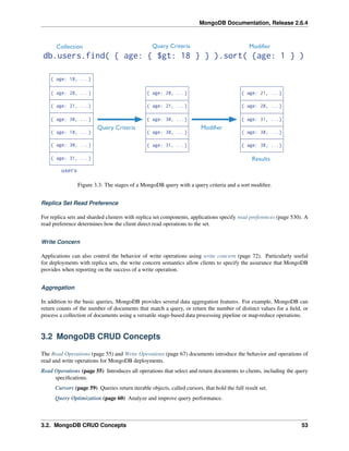 MongoDB Documentation, Release 2.6.4 
Figure 3.3: The stages of a MongoDB query with a query criteria and a sort modifier. 
Replica Set Read Preference 
For replica sets and sharded clusters with replica set components, applications specify read preferences (page 530). A 
read preference determines how the client direct read operations to the set. 
Write Concern 
Applications can also control the behavior of write operations using write concern (page 72). Particularly useful 
for deployments with replica sets, the write concern semantics allow clients to specify the assurance that MongoDB 
provides when reporting on the success of a write operation. 
Aggregation 
In addition to the basic queries, MongoDB provides several data aggregation features. For example, MongoDB can 
return counts of the number of documents that match a query, or return the number of distinct values for a field, or 
process a collection of documents using a versatile stage-based data processing pipeline or map-reduce operations. 
3.2 MongoDB CRUD Concepts 
The Read Operations (page 55) and Write Operations (page 67) documents introduce the behavior and operations of 
read and write operations for MongoDB deployments. 
Read Operations (page 55) Introduces all operations that select and return documents to clients, including the query 
specifications. 
Cursors (page 59) Queries return iterable objects, called cursors, that hold the full result set. 
Query Optimization (page 60) Analyze and improve query performance. 
3.2. MongoDB CRUD Concepts 53 
 