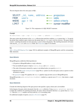 MongoDB Documentation, Release 2.6.4 
The next diagram shows the same query in SQL: 
Figure 3.6: The components of a SQL SELECT statement. 
Example 
db.users.find( { age: { $gt: 18 } }, { name: 1, address: 1 } ).limit(5) 
This query selects the documents in the users collection that match the condition age is greater than 18. To specify 
the greater than condition, query criteria uses the greater than (i.e. $gt) query selection operator. The query returns 
at most 5 matching documents (or more precisely, a cursor to those documents). The matching documents will return 
with only the _id, name and address fields. See Projections (page 57) for details. 
See 
SQL to MongoDB Mapping Chart (page 120) for additional examples of MongoDB queries and the corresponding 
SQL statements. 
Query Behavior 
MongoDB queries exhibit the following behavior: 
• All queries in MongoDB address a single collection. 
• You can modify the query to impose limits, skips, and sort orders. 
• The order of documents returned by a query is not defined unless you specify a sort(). 
• Operations that modify existing documents (page 98) (i.e. updates) use the same query syntax as queries to select 
documents to update. 
• In aggregation (page 391) pipeline, the $match pipeline stage provides access to MongoDB queries. 
MongoDB provides a db.collection.findOne() method as a special case of find() that returns a single 
document. 
Query Statements 
Consider the following diagram of the query process that specifies a query criteria and a sort modifier: 
In the diagram, the query selects documents from the users collection. Using a query selection operator 
to define the conditions for matching documents, the query selects documents that have age greater than (i.e. $gt) 
18. Then the sort() modifier sorts the results by age in ascending order. 
For additional examples of queries, see Query Documents (page 87). 
56 Chapter 3. MongoDB CRUD Operations 
 
