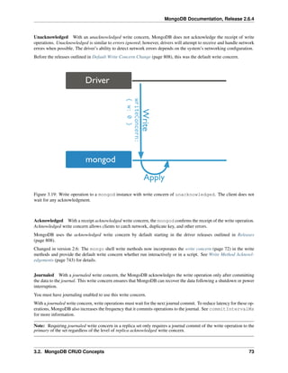 MongoDB Documentation, Release 2.6.4 
Unacknowledged With an unacknowledged write concern, MongoDB does not acknowledge the receipt of write 
operations. Unacknowledged is similar to errors ignored; however, drivers will attempt to receive and handle network 
errors when possible. The driver’s ability to detect network errors depends on the system’s networking configuration. 
Before the releases outlined in Default Write Concern Change (page 808), this was the default write concern. 
Figure 3.19: Write operation to a mongod instance with write concern of unacknowledged. The client does not 
wait for any acknowledgment. 
Acknowledged With a receipt acknowledged write concern, the mongod confirms the receipt of the write operation. 
Acknowledged write concern allows clients to catch network, duplicate key, and other errors. 
MongoDB uses the acknowledged write concern by default starting in the driver releases outlined in Releases 
(page 808). 
Changed in version 2.6: The mongo shell write methods now incorporates the write concern (page 72) in the write 
methods and provide the default write concern whether run interactively or in a script. See Write Method Acknowl-edgements 
(page 743) for details. 
Journaled With a journaled write concern, the MongoDB acknowledges the write operation only after committing 
the data to the journal. This write concern ensures that MongoDB can recover the data following a shutdown or power 
interruption. 
You must have journaling enabled to use this write concern. 
With a journaled write concern, write operations must wait for the next journal commit. To reduce latency for these op-erations, 
MongoDB also increases the frequency that it commits operations to the journal. See commitIntervalMs 
for more information. 
Note: Requiring journaled write concern in a replica set only requires a journal commit of the write operation to the 
primary of the set regardless of the level of replica acknowledged write concern. 
3.2. MongoDB CRUD Concepts 73 
 