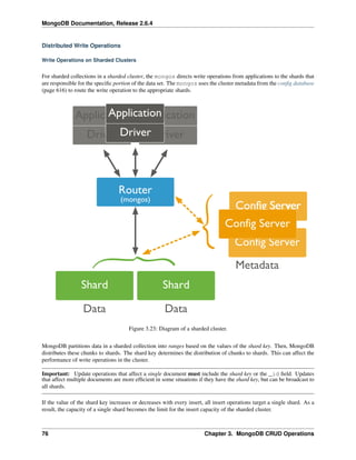 MongoDB Documentation, Release 2.6.4 
Distributed Write Operations 
Write Operations on Sharded Clusters 
For sharded collections in a sharded cluster, the mongos directs write operations from applications to the shards that 
are responsible for the specific portion of the data set. The mongos uses the cluster metadata from the config database 
(page 616) to route the write operation to the appropriate shards. 
Figure 3.23: Diagram of a sharded cluster. 
MongoDB partitions data in a sharded collection into ranges based on the values of the shard key. Then, MongoDB 
distributes these chunks to shards. The shard key determines the distribution of chunks to shards. This can affect the 
performance of write operations in the cluster. 
Important: Update operations that affect a single document must include the shard key or the _id field. Updates 
that affect multiple documents are more efficient in some situations if they have the shard key, but can be broadcast to 
all shards. 
If the value of the shard key increases or decreases with every insert, all insert operations target a single shard. As a 
result, the capacity of a single shard becomes the limit for the insert capacity of the sharded cluster. 
76 Chapter 3. MongoDB CRUD Operations 
 