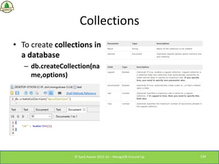 Collections
• To create collections in
a database
– db.createCollection(na
me,options)
© Syed Awase 2015-16 – MongoDB Grou...