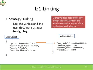 1:1 Linking
• Strategy: Linking
– Link the vehicle and the
user document using a
foreign key
© Syed Awase 2015-16 – MongoD...