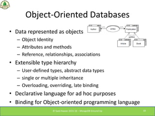 Object-Oriented Databases
• Data represented as objects
– Object Identity
– Attributes and methods
– Reference, relationsh...