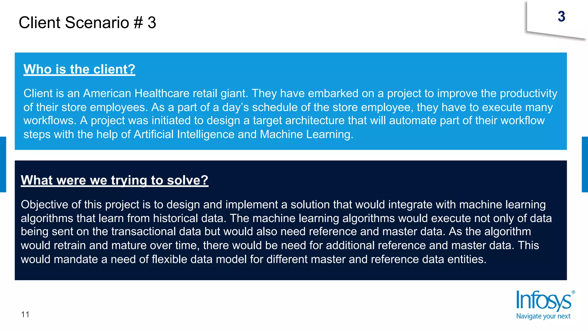 Client Scenario # 3
11
3
Who is the client?
Client is an American Healthcare retail giant. They have embarked on a project to improve the productivity
of their store employees. As a part of a day’s schedule of the store employee, they have to execute many
workflows. A project was initiated to design a target architecture that will automate part of their workflow
steps with the help of Artificial Intelligence and Machine Learning.
What were we trying to solve?
Objective of this project is to design and implement a solution that would integrate with machine learning
algorithms that learn from historical data. The machine learning algorithms would execute not only of data
being sent on the transactional data but would also need reference and master data. As the algorithm
would retrain and mature over time, there would be need for additional reference and master data. This
would mandate a need of flexible data model for different master and reference data entities.
 