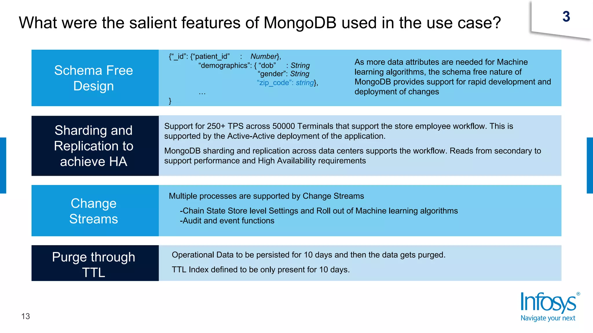 What were the salient features of MongoDB used in the use case?
13
3
{“_id”: {“patient_id” : Number},
“demographics”: { “dob” : String
“gender”: String
“zip_code”: string},
…
}
As more data attributes are needed for Machine
learning algorithms, the schema free nature of
MongoDB provides support for rapid development and
deployment of changes
Support for 250+ TPS across 50000 Terminals that support the store employee workflow. This is
supported by the Active-Active deployment of the application.
MongoDB sharding and replication across data centers supports the workflow. Reads from secondary to
support performance and High Availability requirements
Multiple processes are supported by Change Streams
-Chain State Store level Settings and Roll out of Machine learning algorithms
-Audit and event functions
Operational Data to be persisted for 10 days and then the data gets purged.
TTL Index defined to be only present for 10 days.
Schema Free
Design
Sharding and
Replication to
achieve HA
Change
Streams
Purge through
TTL
 