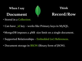 Document
When I say
Record/Row
Think
• Stored in a Collection.
• Can have _id key – works like Primary keys in MySQL.

MongoDB imposes a 4MB size limit on a single document.
• Supported Relationships – Embedded (or) References.
• Document storage in BSON (Binary form of JSON).
 