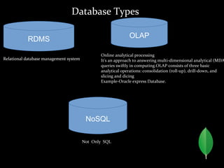 Database Types
Relational database management systemRelational database management system
Online analytical processing
It's an approach to answering multi-dimensional analytical (MDA
queries swiftly in computing.OLAP consists of three basic
analytical operations: consolidation (roll-up), drill-down, and
slicing and dicing
Example-Oracle express Database.
NoSQL
OLAPRDMS
Not Only SQL
 