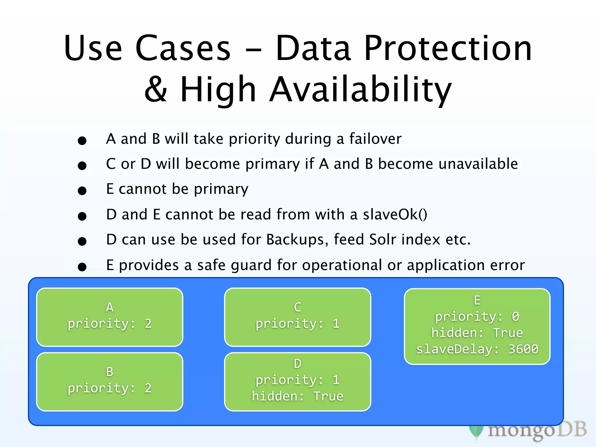 Use Cases - Data Protection
    & High Availability
•    A and B will take priority during a failover
•    C or D will become primary if A and B become unavailable
•    E cannot be primary

•    D and E cannot be read from with a slaveOk()
•    D can use be used for Backups, feed Solr index etc.

•    E provides a safe guard for operational or application error

                                                           E
     A                          C
                                                      priority: 0
priority: 2                priority: 1
                                                      hidden: True
                                                    slaveDelay: 3600
                                D
     B
                           priority: 1
priority: 2
                           hidden: True
 