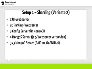 Setup4–Sharding(Variante2)
• 2 UI-Webserver
• 20 Parking-Webserver
• 3 Config Serverfür MongoDB
• 4 MongoS Server(je 5 Webserververbunden)
• 3x3 MongoD Server (RAID10, 64GB RAM)
 