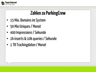 ZahlenzuParkingCrew
• 15 Mio. Domains im System
• 50 Mio Uniques / Monat
• 400 Impressions/ Sekunde
• 1k inserts& 10k queries / Sekunde
• 1 TB Trackingdaten/ Monat
 
