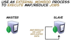 use an external mongod process
to execute map/reduce jobs



  master                 slave



            map/reduce
              on last
            replicated
               data
 